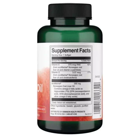 Swanson Olej z wątroby Dorsza (Norwegian Cod Liver Oil) 350 mg 250 kapsułek