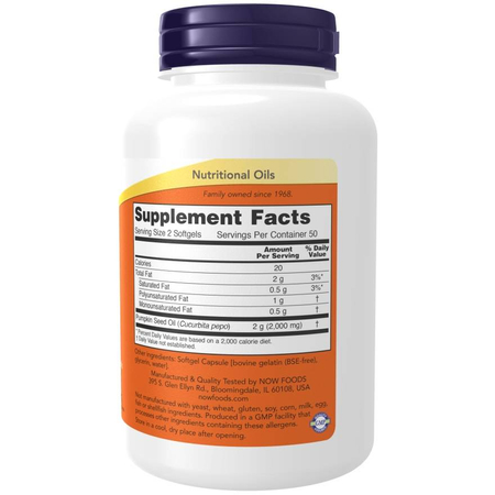 Now Foods Olej z pestek Dyni (Pumpkin Seed Oil) 1000 mg 200 kapsułek
