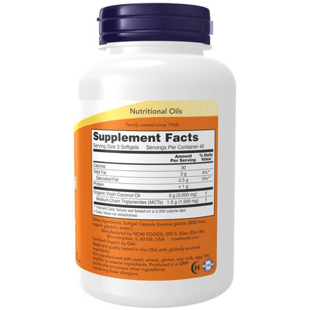 Now Foods Olej z Kokosa (Coconut Oil) 1000 mg 120 kapsułek